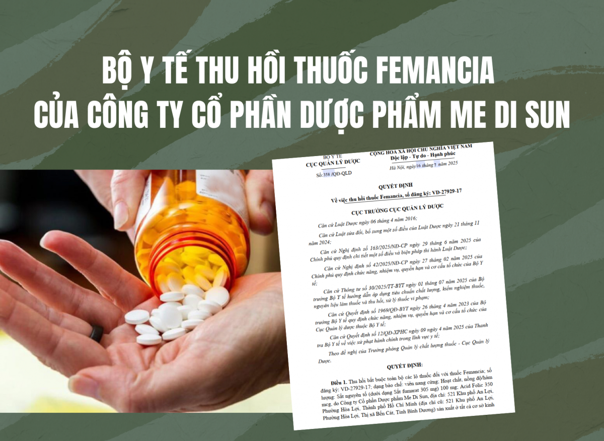 Bộ Y tế thu hồi thuốc Femancia của Công ty Cổ phần Dược phẩm Me Di Sun