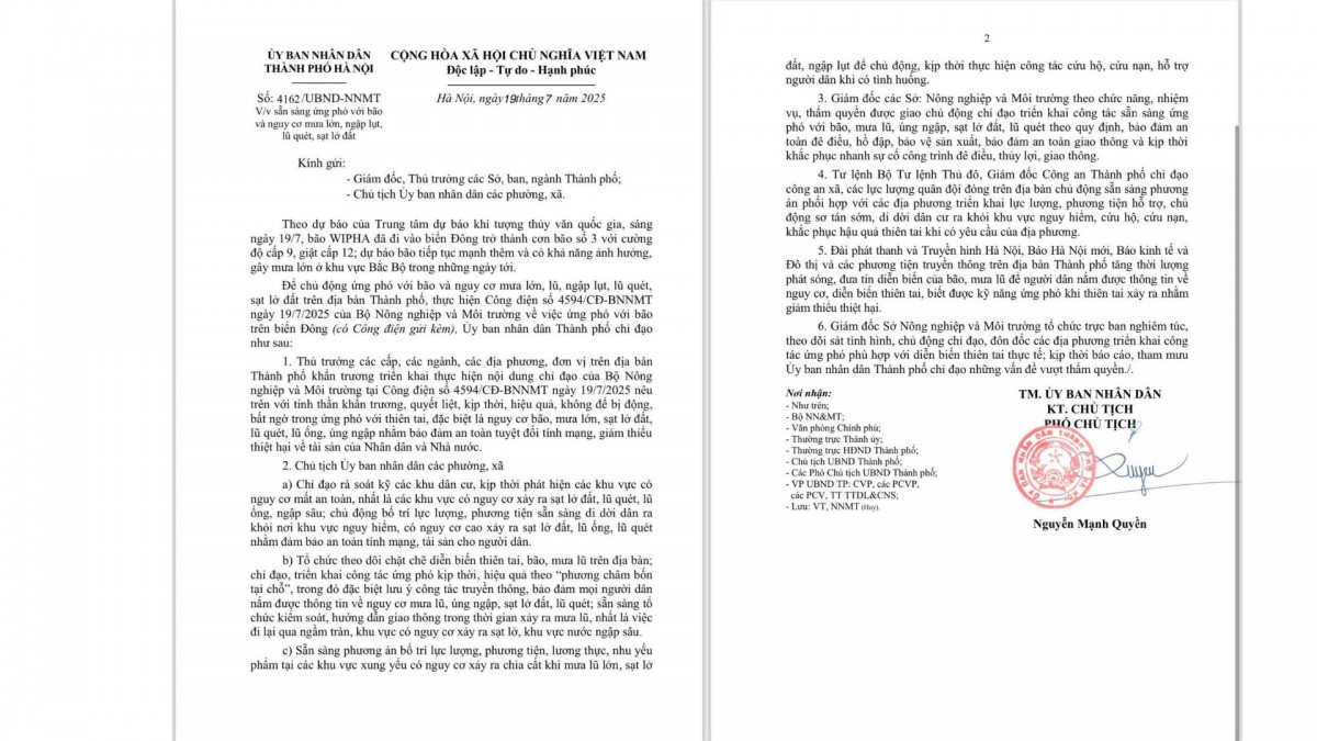 UBND Thành phố Hà Nội ban hành công điện ứng phó bão WIPHA