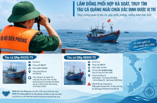 Lâm Đồng phối hợp rà soát, truy tìm tàu cá Quảng Ngãi chưa xác định được vị trí